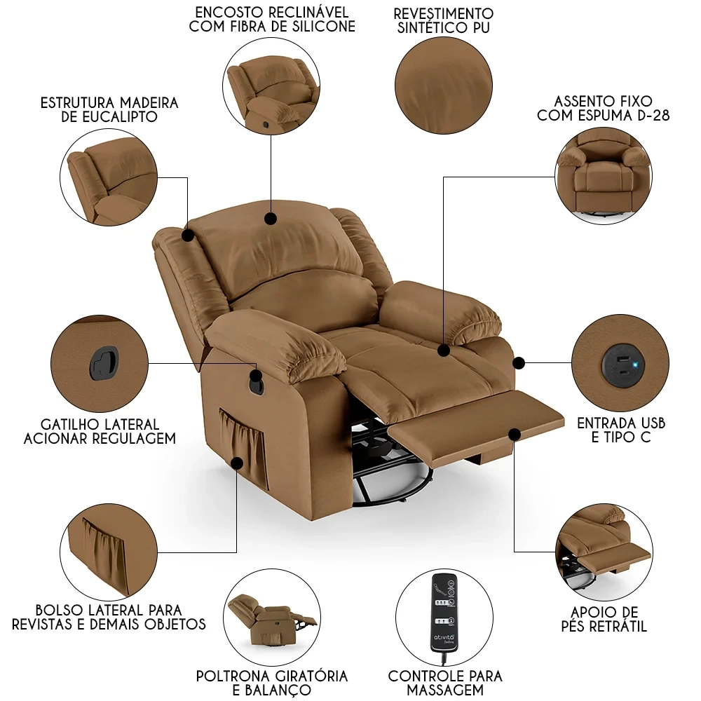 Poltrona do Papai Reclinável Pietra Glider Giratória Massagem FH9 PU Caramelo - Mpozenato