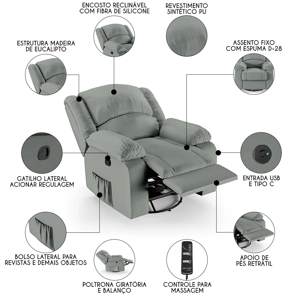 Poltrona do Papai Reclinável Pietra Glider Giratória Massagem FH9 PU Cinza - Mpozenato