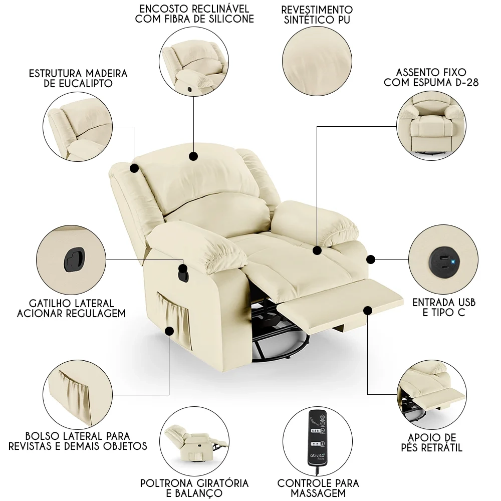 Poltrona do Papai Reclinável Pietra Glider Giratória Massagem FH9 PU Bege - Mpozenato