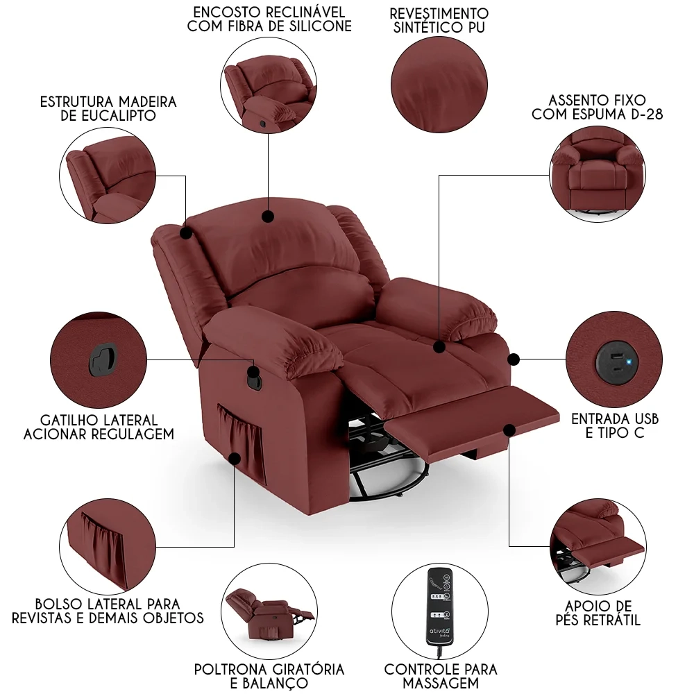 Poltrona do Papai Reclinável Pietra Glider Giratória Massagem FH9 PU Vermelho - Mpozenato