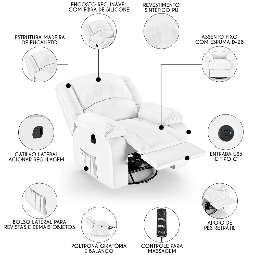 Poltrona do Papai Reclinável Pietra Glider Giratória Massagem FH9 PU Branco - Mpozenato