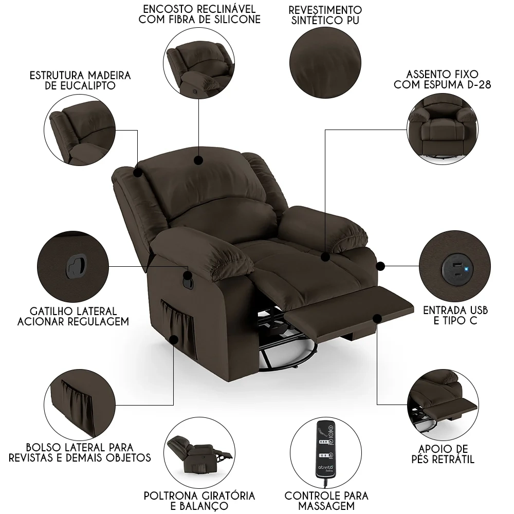 Poltrona do Papai Reclinável Pietra Glider Giratória Massagem FH9 PU Marrom - Mpozenato