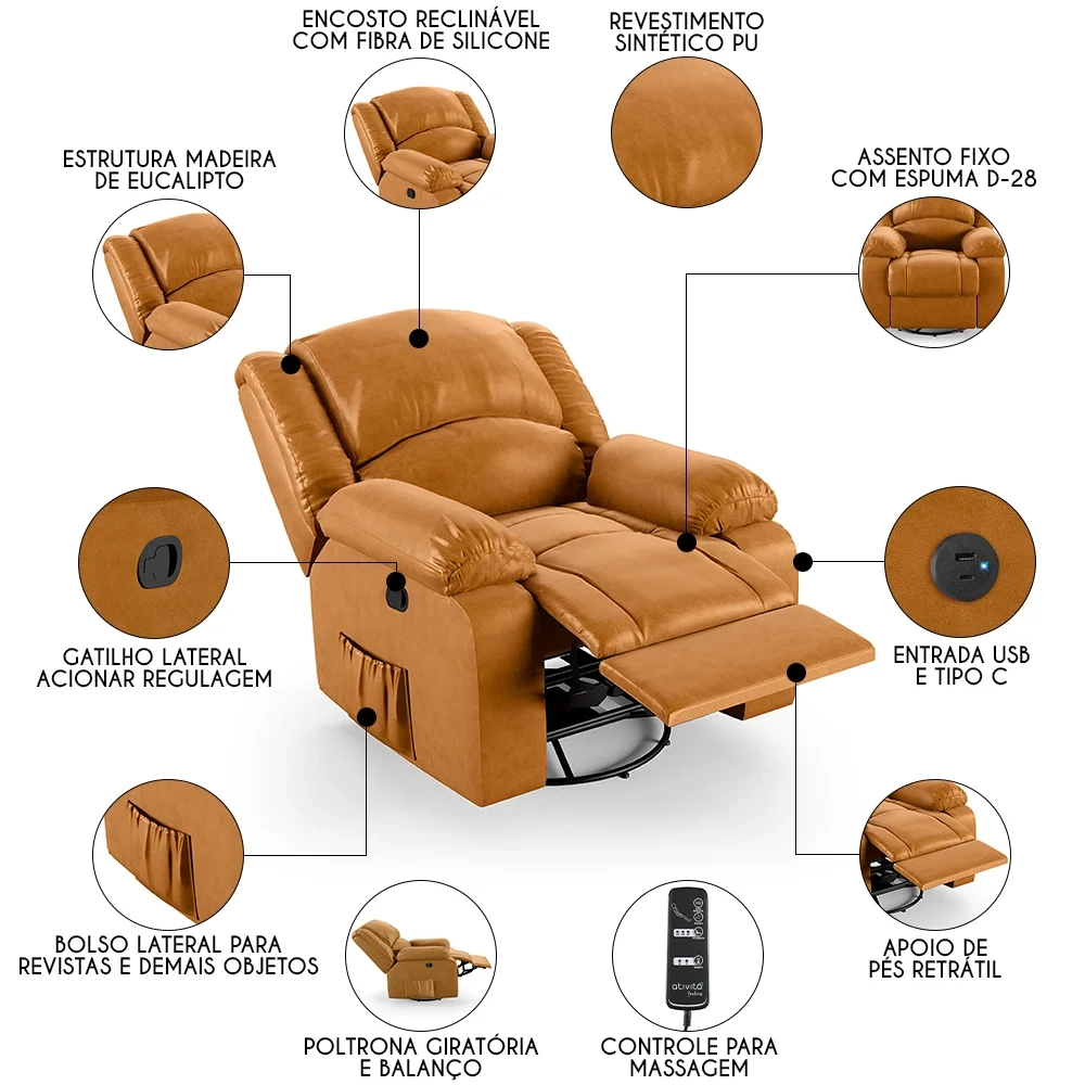 Poltrona do Papai Reclinável Pietra Glider Giratória Massagem FH9 PU Whisky - Mpozenato