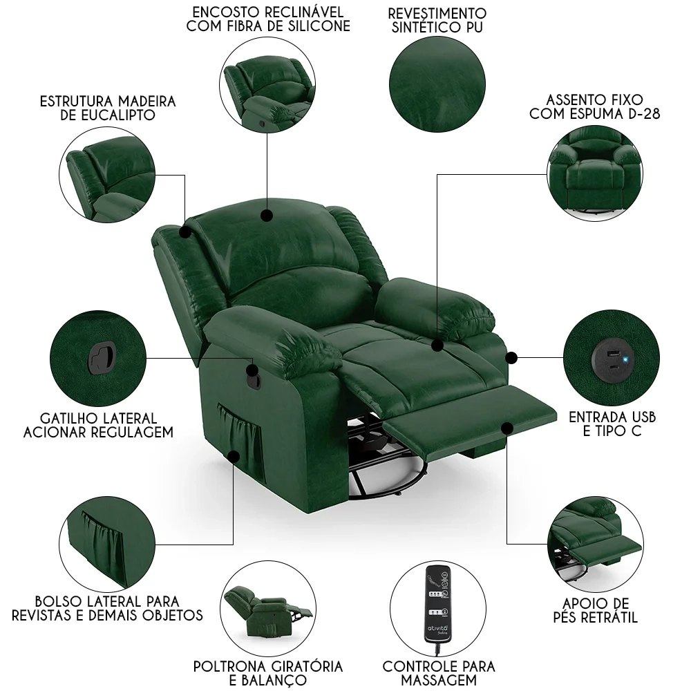 Poltrona do Papai Reclinável Pietra Glider Giratória Massagem FH9 PU Verde Musgo - Mpozenato