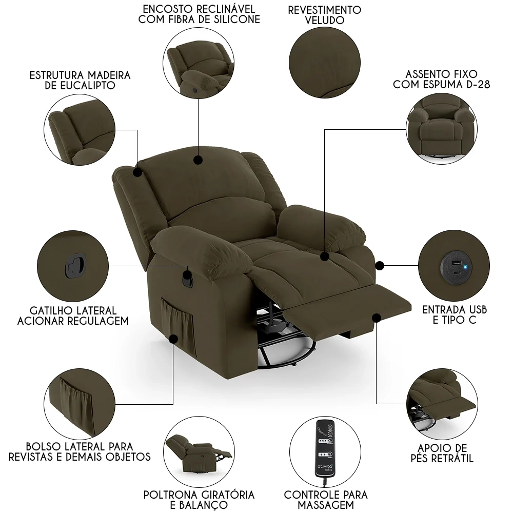 Poltrona do Papai Reclinável Pietra Glider Giratória Massagem FH9 Veludo Capuccino - Mpozenato