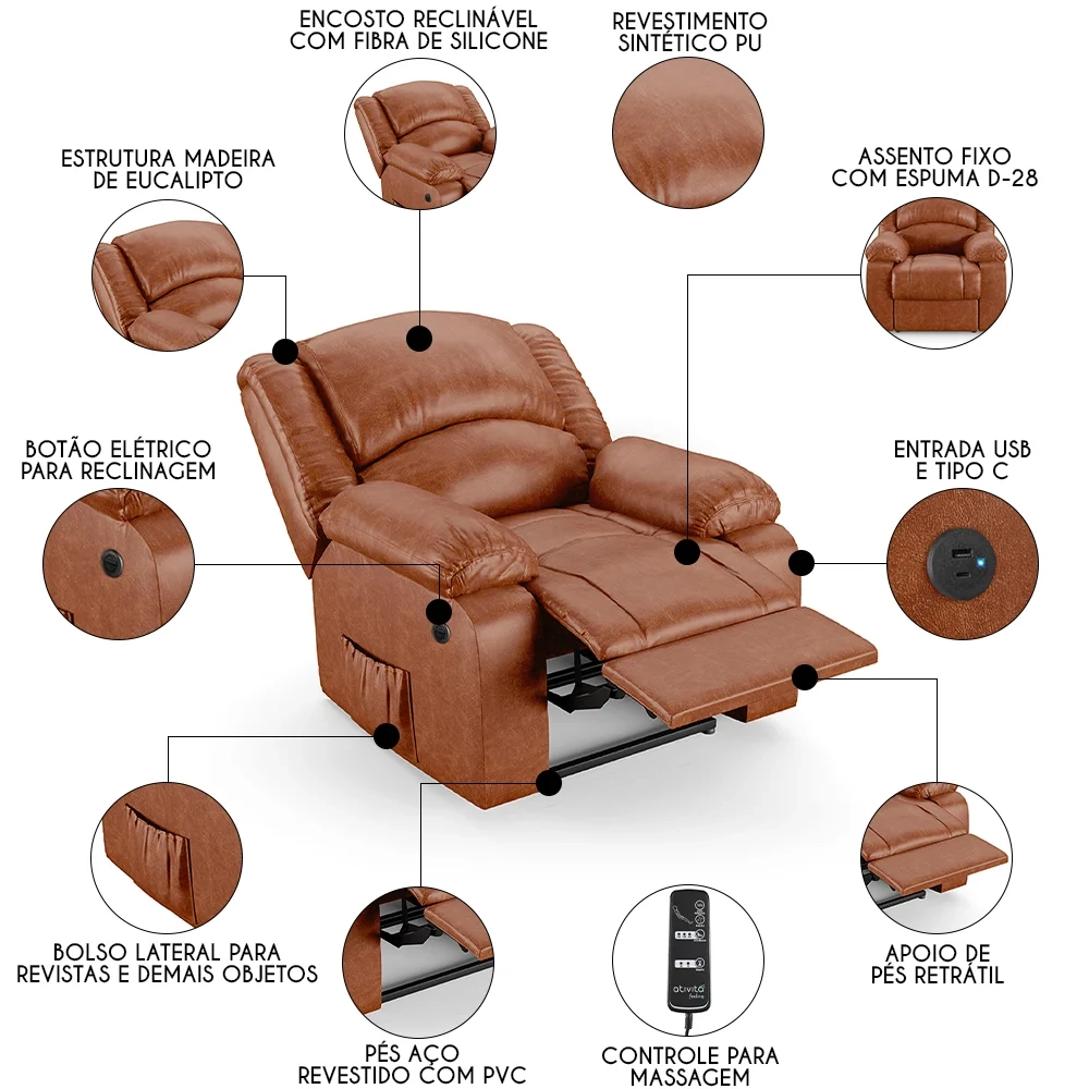 Poltrona do Papai Reclinável Pietra Power Elétrica Massagem FH9 PU Caramelo Brilho - Mpozenato