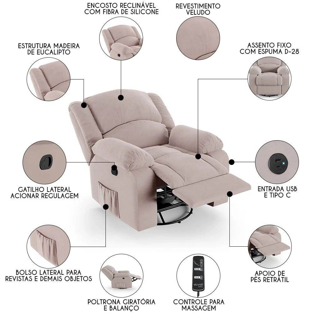 Poltrona do Papai Reclinável Pietra Glider Giratória Massagem FH9 Veludo Rosê - Mpozenato