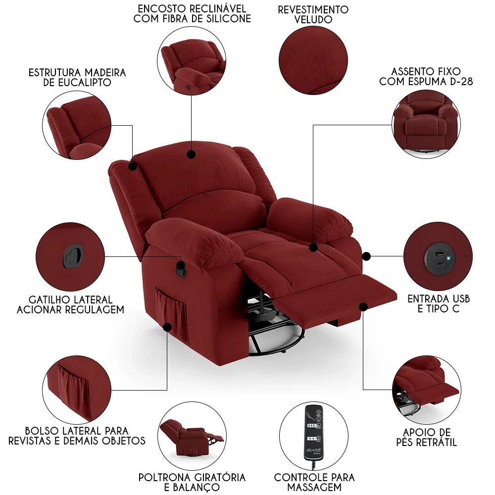 Poltrona do Papai Reclinável Pietra Glider Giratória Massagem FH9 Veludo Vermelho - Mpozenato