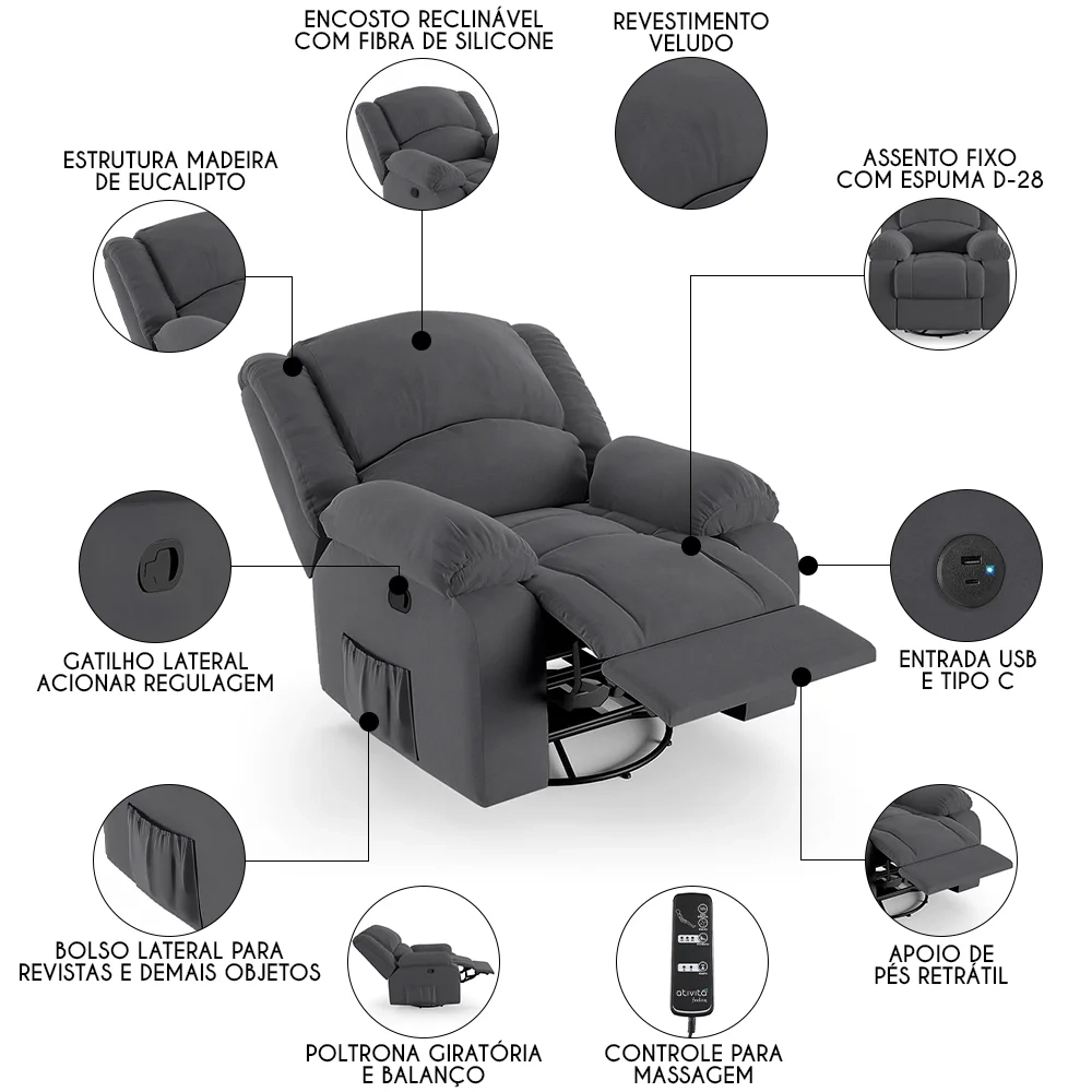 Poltrona do Papai Reclinável Pietra Glider Giratória Massagem FH9 Veludo Cinza - Mpozenato
