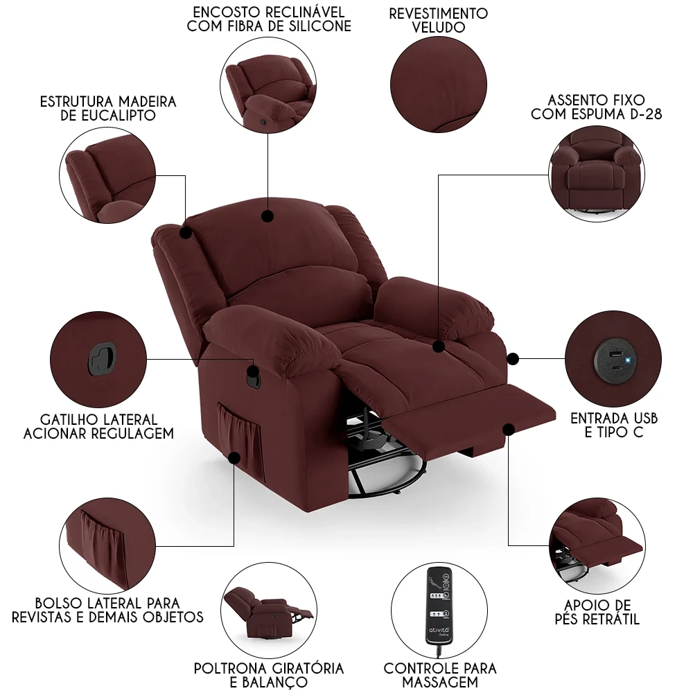 Poltrona do Papai Reclinável Pietra Glider Giratória Massagem FH9 Veludo Vinho - Mpozenato