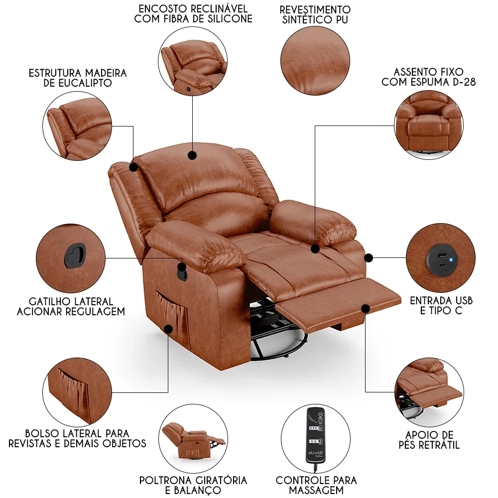 Poltrona do Papai Reclinável Pietra Glider Giratória Massagem FH9 PU Caramelo Brilho - Mpozenato