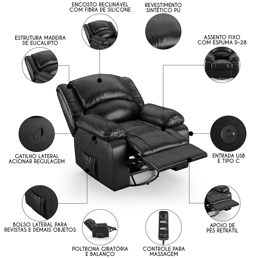 Poltrona do Papai Reclinável Pietra Glider Giratória Massagem FH9 PU Preto Brilho - Mpozenato