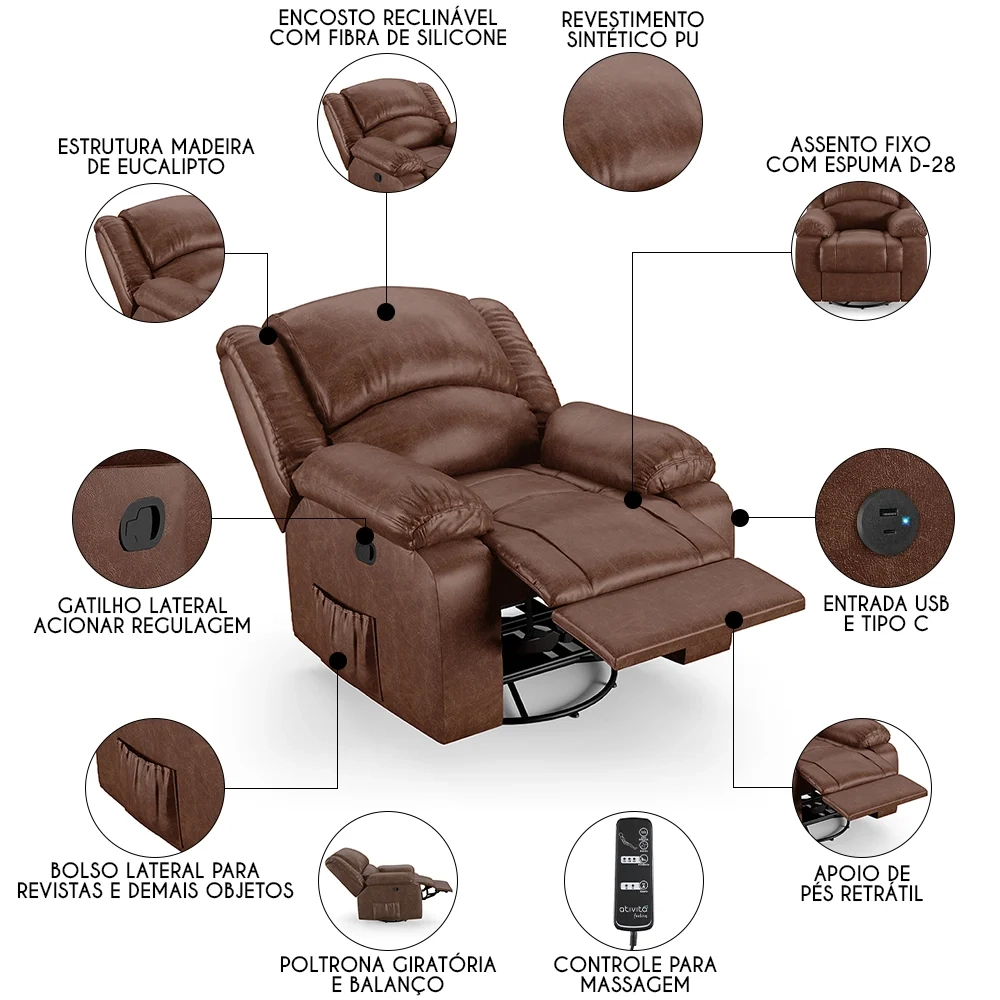 Poltrona do Papai Reclinável Pietra Glider Giratória Massagem FH9 PU Marrom Brilho - Mpozenato