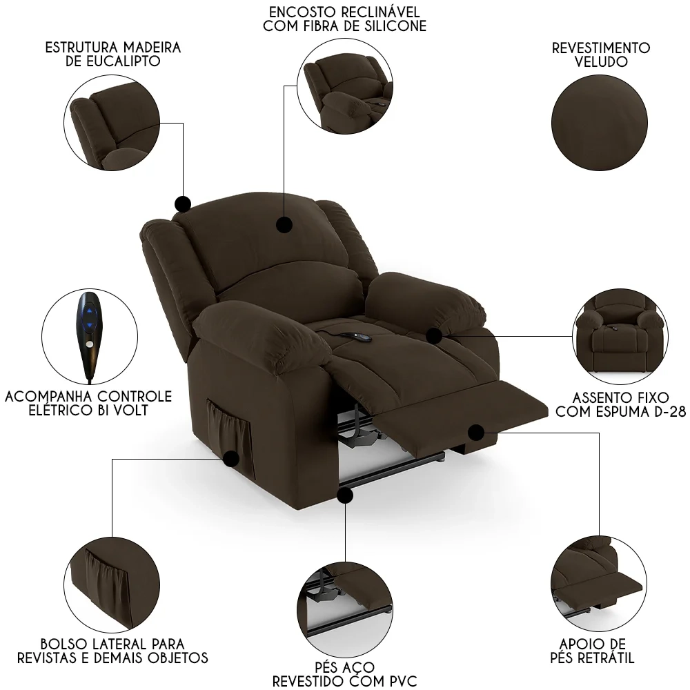 Poltrona do Papai Reclinável Pietra Controle Power Elétrico FH9 Veludo Marrom - Mpozenato