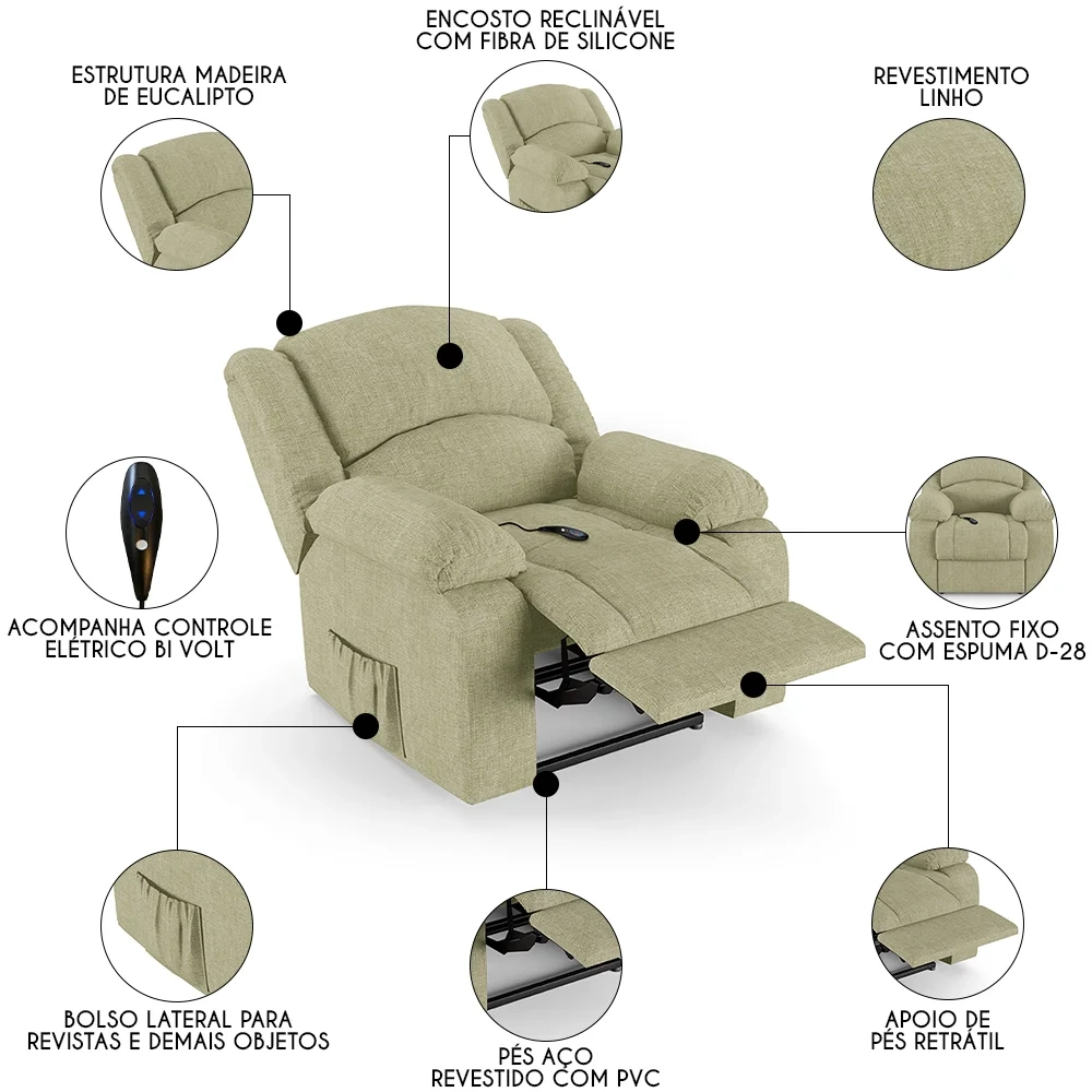 Poltrona do Papai Reclinável Pietra Controle Power Elétrico FH9 Linho Bege - Mpozenato
