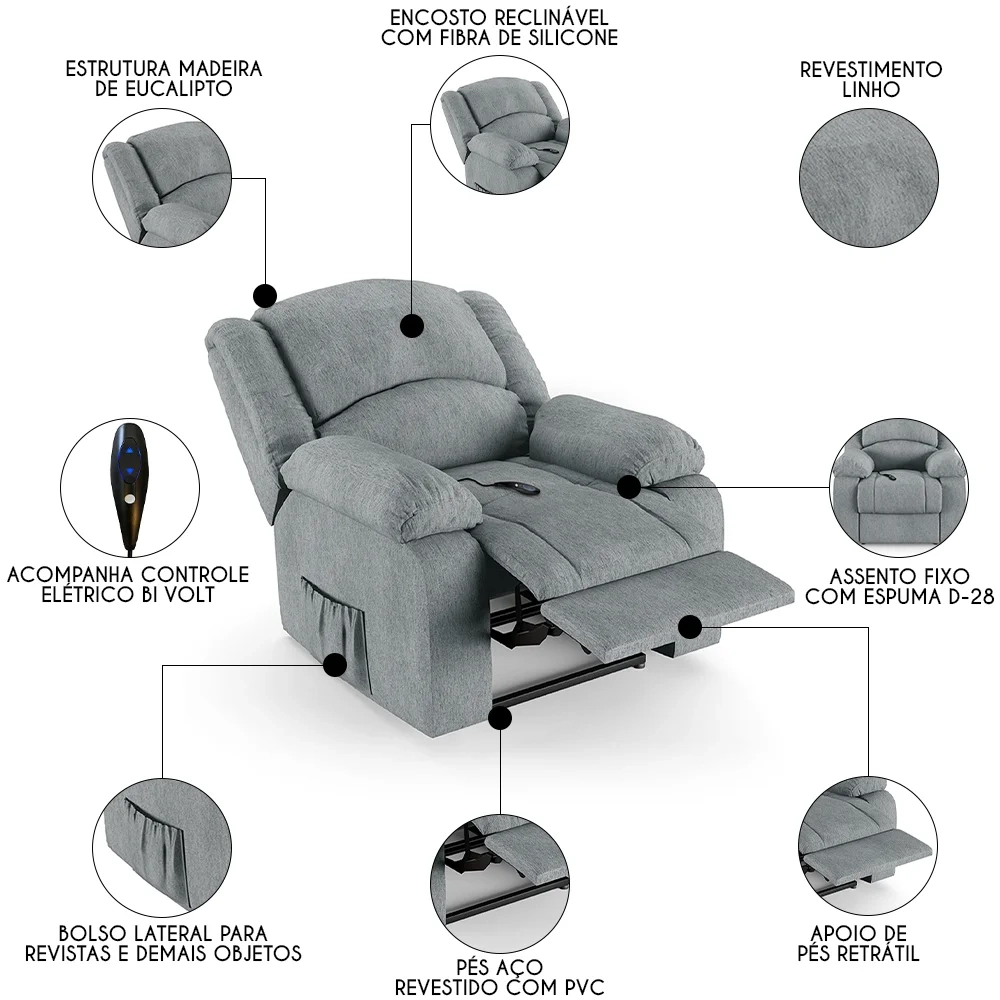 Poltrona do Papai Reclinável Pietra Controle Power Elétrico FH9 Linho Cinza - Mpozenato