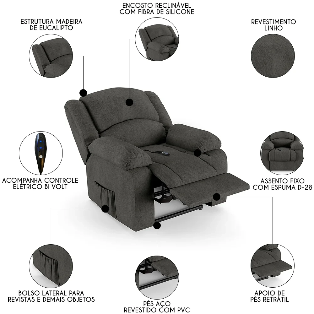 Poltrona do Papai Reclinável Pietra Controle Power Elétrico FH9 Linho Grafite - Mpozenato