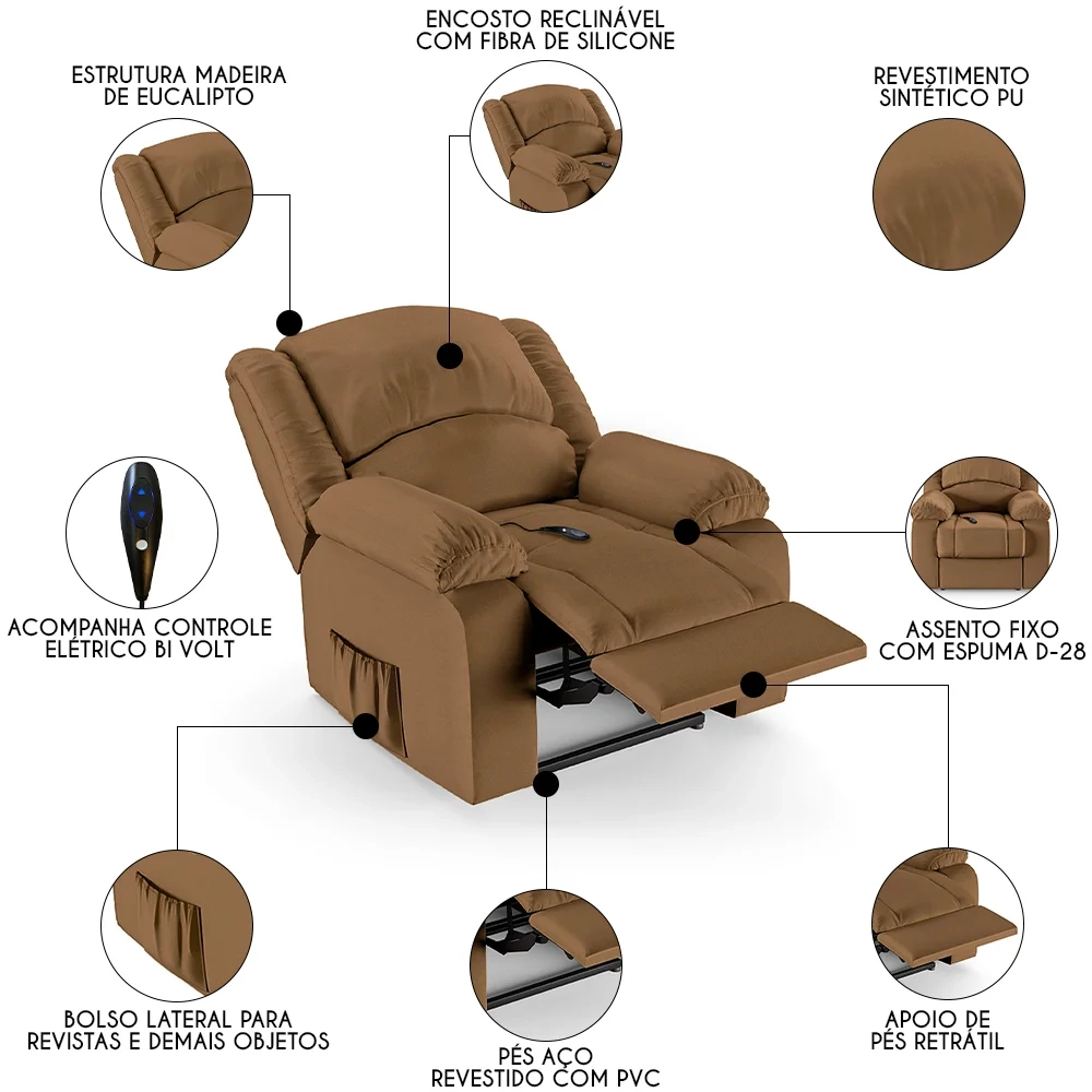 Poltrona do Papai Reclinável Pietra Controle Power Elétrico FH9 PU Caramelo - Mpozenato