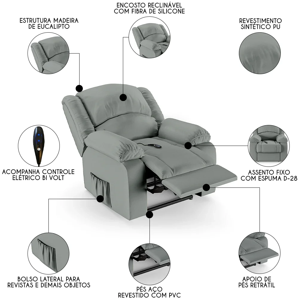 Poltrona do Papai Reclinável Pietra Controle Power Elétrico FH9 PU Cinza - Mpozenato