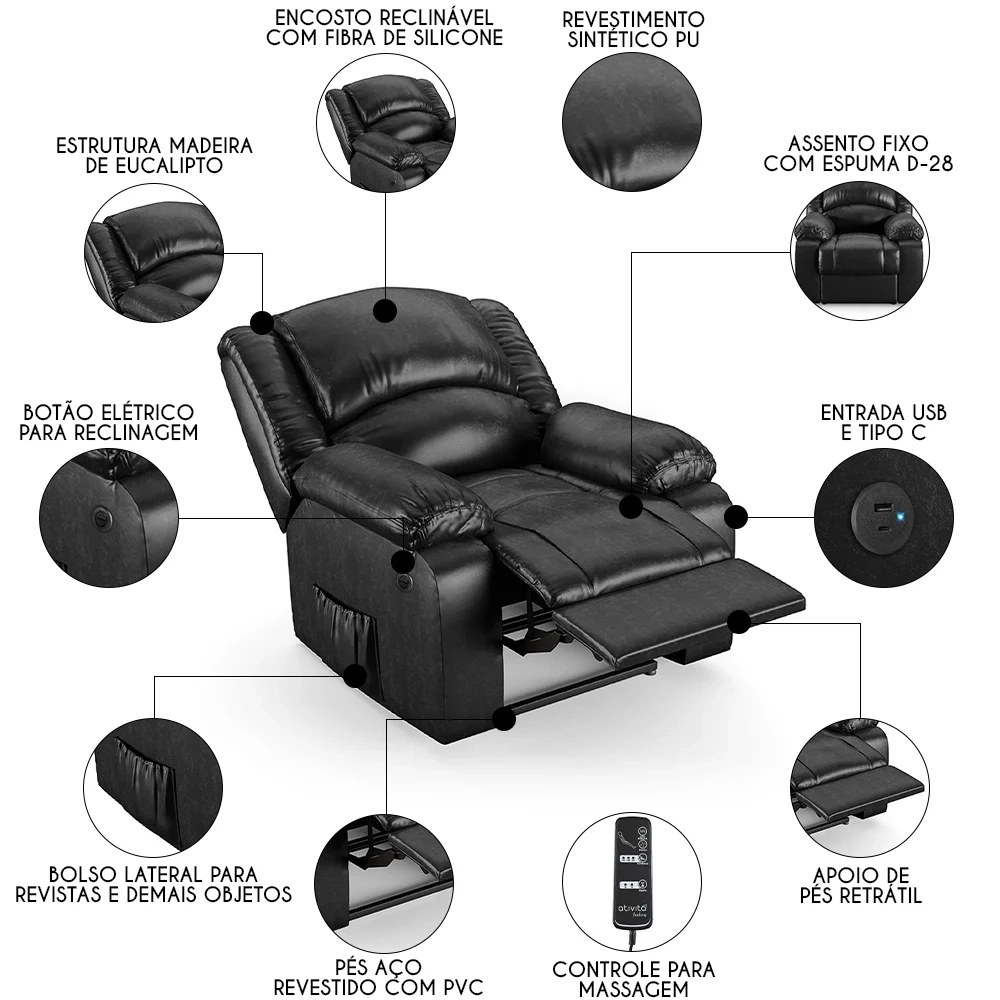 Poltrona do Papai Reclinável Pietra Power Elétrica Massagem FH9 PU Preto Brilho - Mpozenato