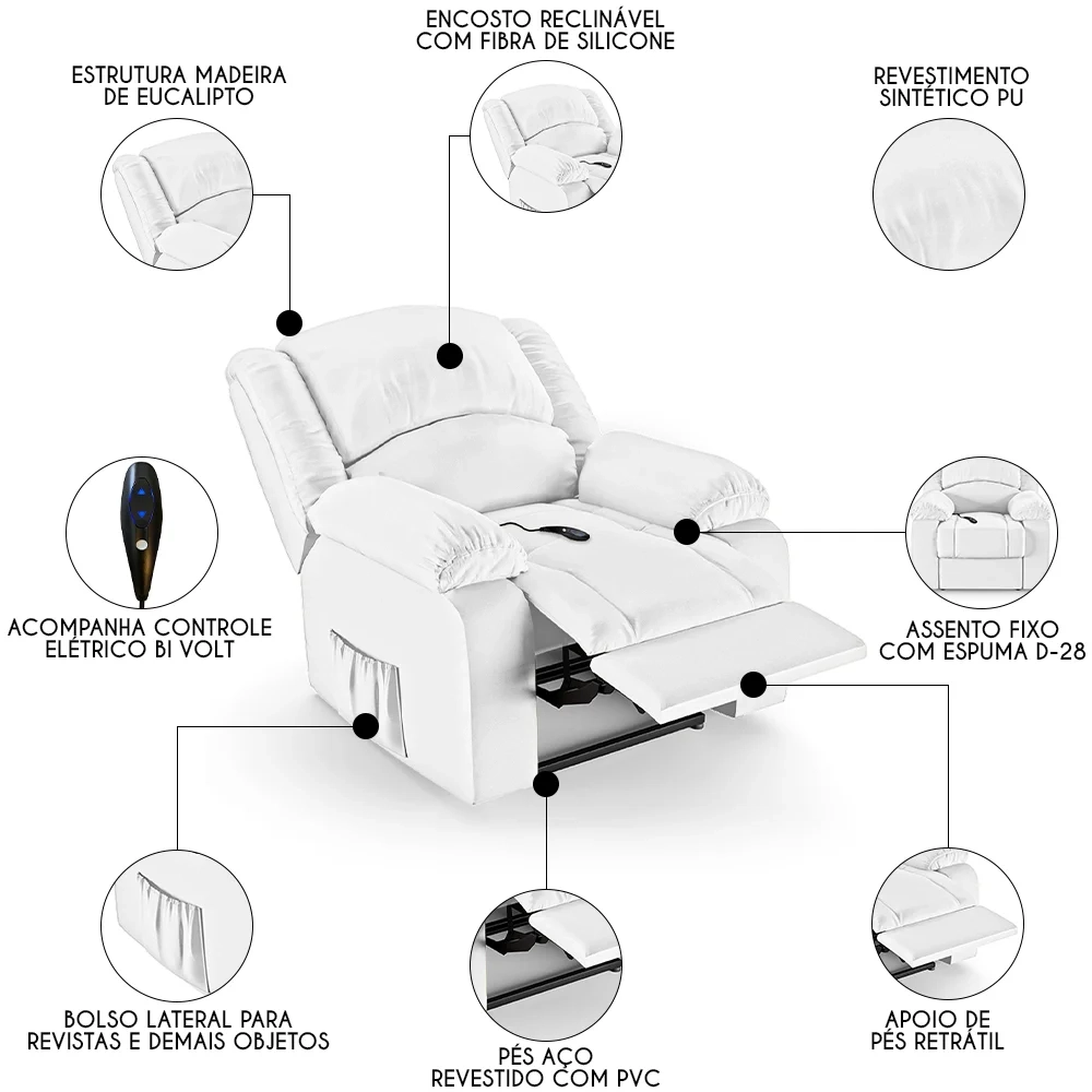 Poltrona do Papai Reclinável Pietra Controle Power Elétrico FH9 PU Branco - Mpozenato