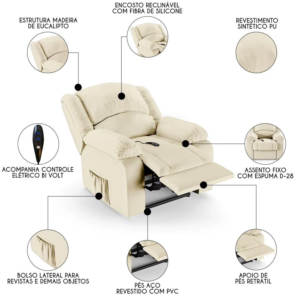 Poltrona do Papai Reclinável Pietra Controle Power Elétrico FH9 PU Bege - Mpozenato