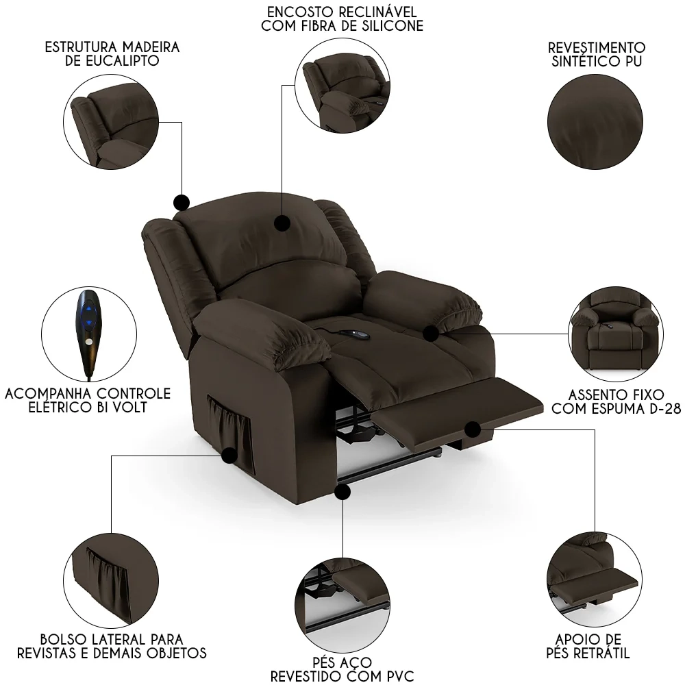 Poltrona do Papai Reclinável Pietra Controle Power Elétrico FH9 PU Marrom - Mpozenato