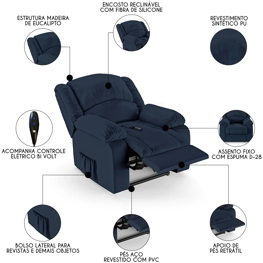 Poltrona do Papai Reclinável Pietra Controle Power Elétrico FH9 PU Azul - Mpozenato