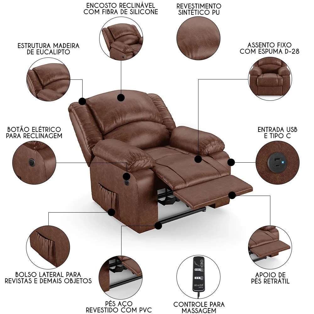 Poltrona do Papai Reclinável Pietra Power Elétrica Massagem FH9 PU Marrom Brilho - Mpozenato