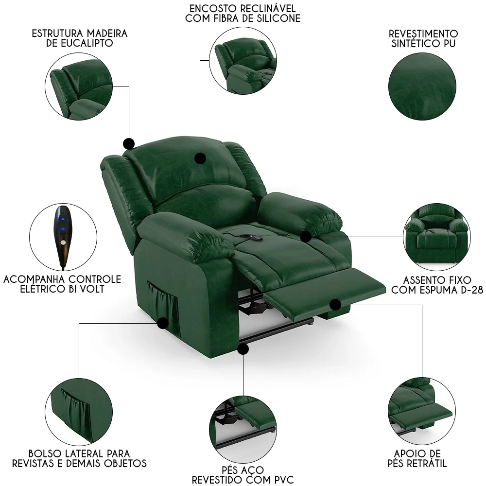 Poltrona do Papai Reclinável Pietra Controle Power Elétrico FH9 PU Verde Musgo - Mpozenato
