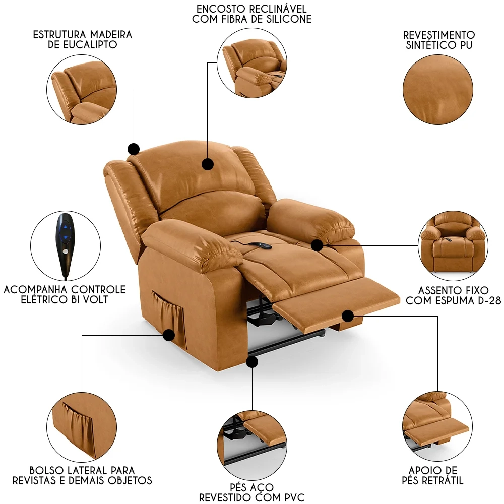Poltrona do Papai Reclinável Pietra Controle Power Elétrico FH9 PU Whisky - Mpozenato
