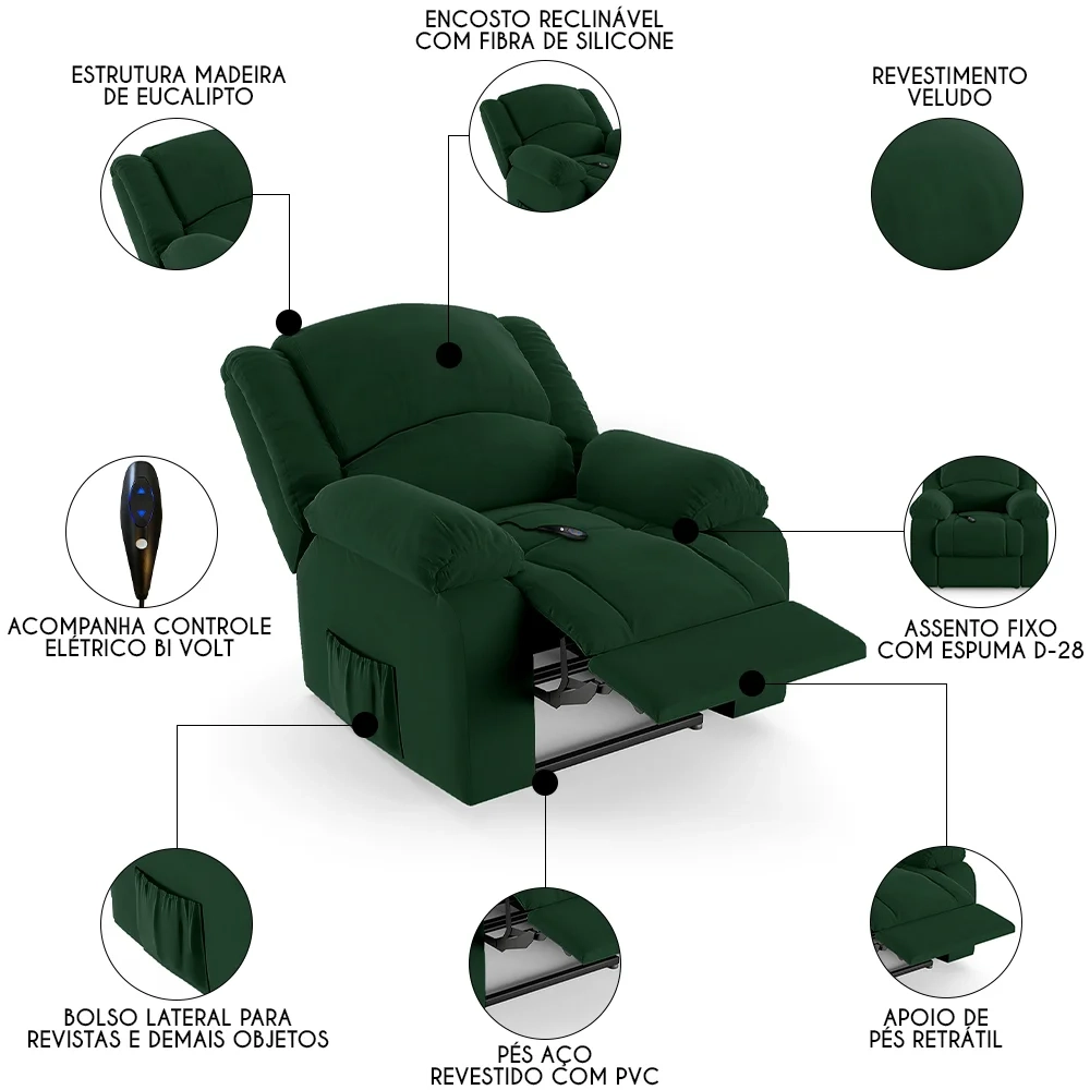 Poltrona do Papai Reclinável Pietra Controle Power Elétrico FH9 Veludo Verde - Mpozenato