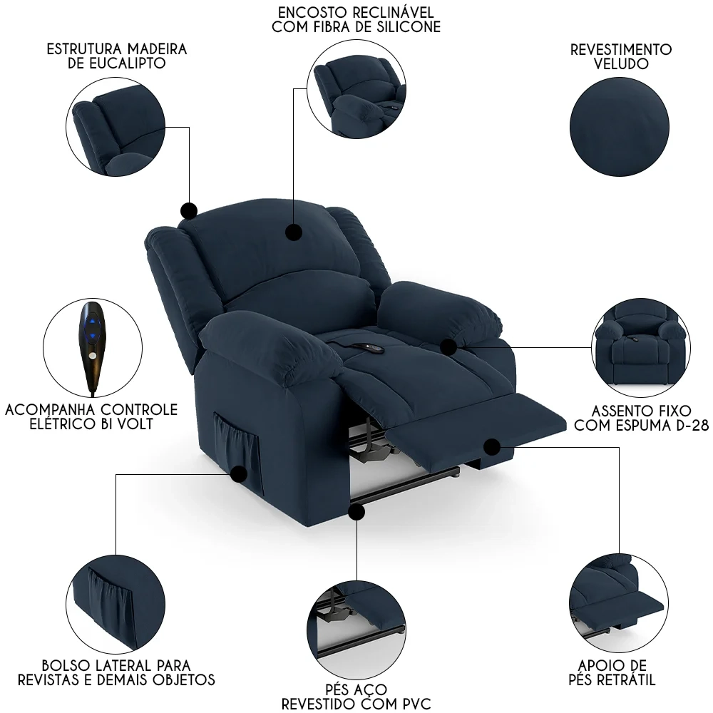 Poltrona do Papai Reclinável Pietra Controle Power Elétrico FH9 Veludo Azul - Mpozenato