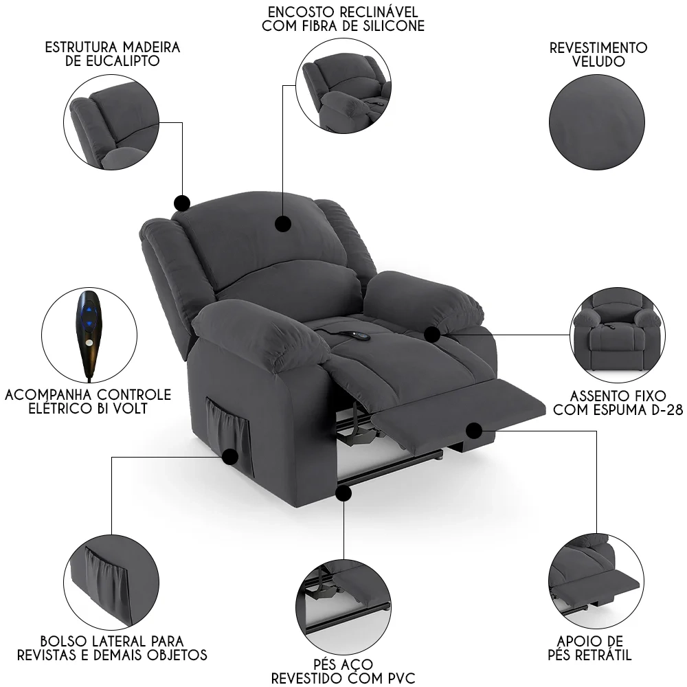 Poltrona do Papai Reclinável Pietra Controle Power Elétrico FH9 Veludo Cinza - Mpozenato