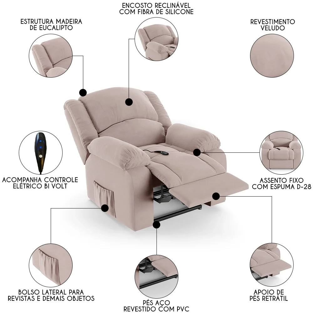 Poltrona do Papai Reclinável Pietra Controle Power Elétrico FH9 Veludo Rosê - Mpozenato