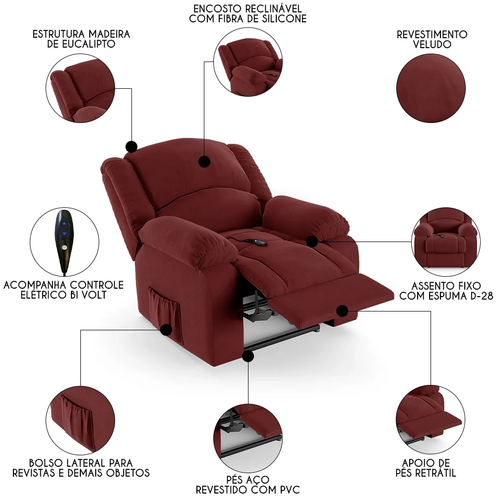 Poltrona do Papai Reclinável Pietra Controle Power Elétrico FH9 Veludo Vermelho - Mpozenato