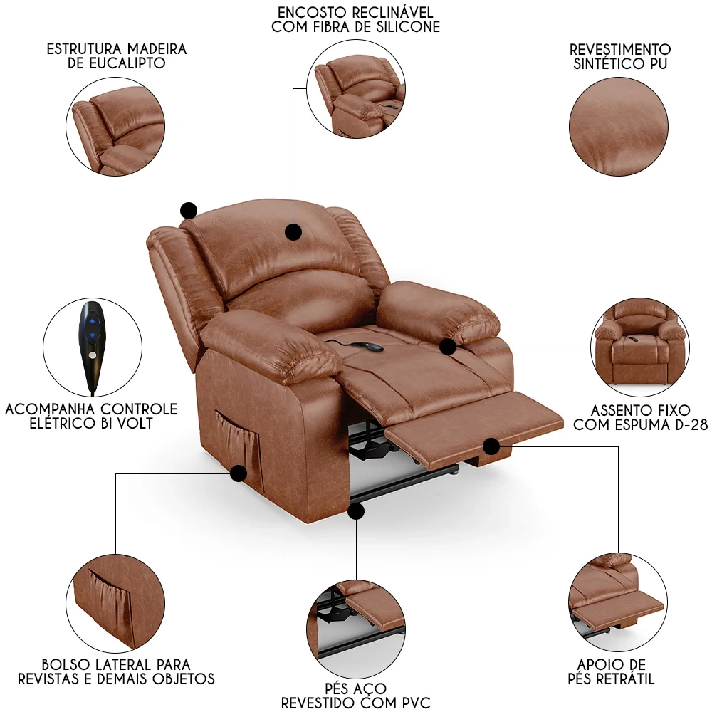 Poltrona do Papai Reclinável Pietra Controle Power Elétrico FH9 PU Caramelo Brilho - Mpozenato