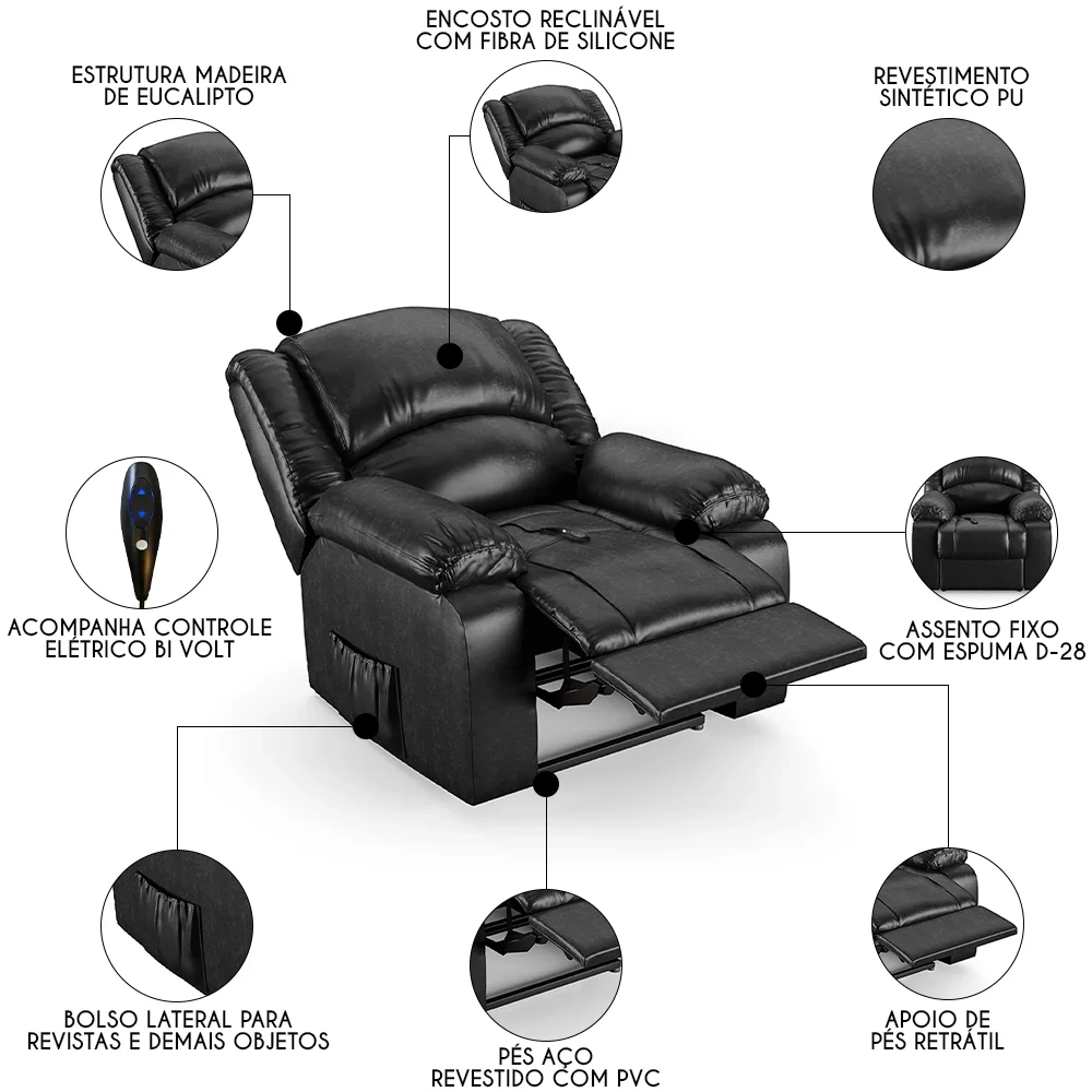 Poltrona do Papai Reclinável Pietra Controle Power Elétrico FH9 PU Preto Brilho - Mpozenato