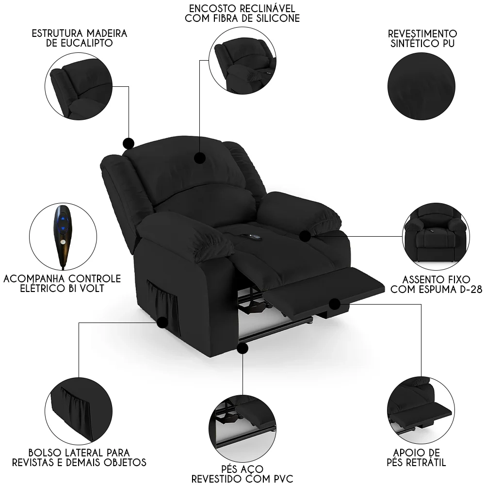 Poltrona do Papai Reclinável Pietra Controle Power Elétrico FH9 PU Preto - Mpozenato