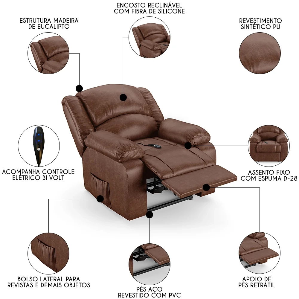 Poltrona do Papai Reclinável Pietra Controle Power Elétrico FH9 PU Marrom Brilho - Mpozenato