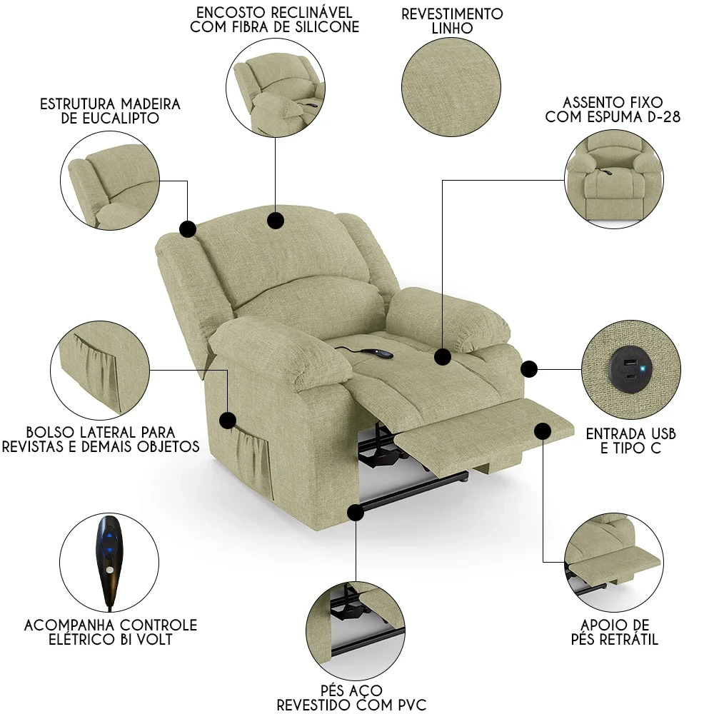 Poltrona do Papai Reclinável Pietra Controle Power Elétrico USB FH9 Linho Bege - Mpozenato