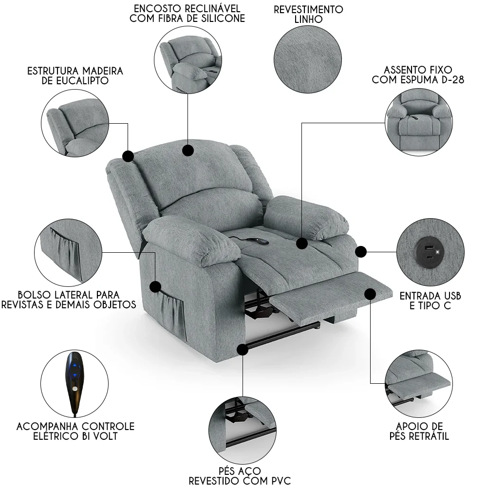 Poltrona do Papai Reclinável Pietra Controle Power Elétrico USB FH9 Linho Cinza - Mpozenato