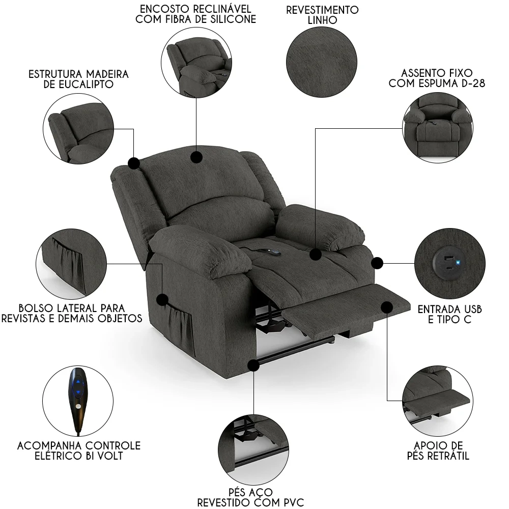 Poltrona do Papai Reclinável Pietra Controle Power Elétrico USB FH9 Linho Grafite - Mpozenato
