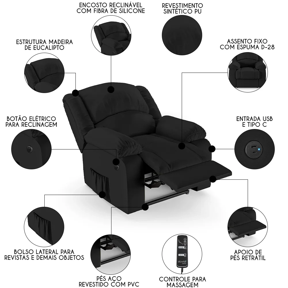 Poltrona do Papai Reclinável Pietra Power Elétrica Massagem FH9 PU Preto - Mpozenato