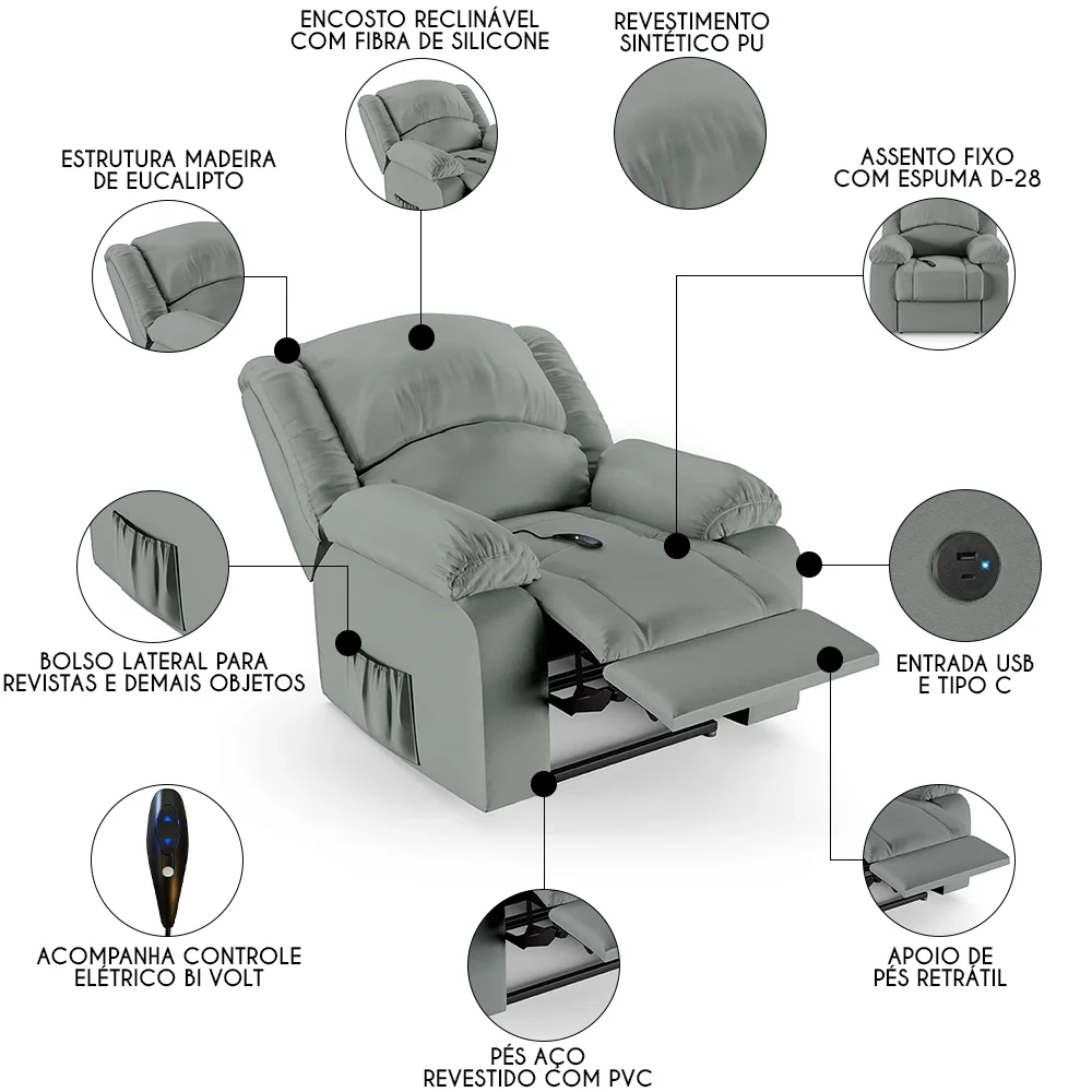 Poltrona do Papai Reclinável Pietra Controle Power Elétrico USB FH9 PU Cinza - Mpozenato