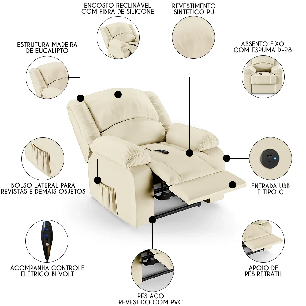 Poltrona do Papai Reclinável Pietra Controle Power Elétrico USB FH9 PU Bege - Mpozenato