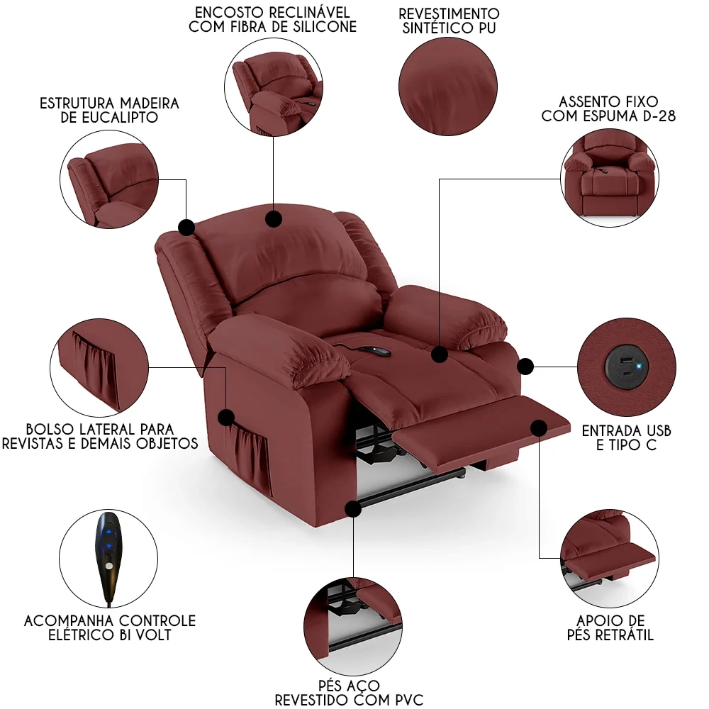 Poltrona do Papai Reclinável Pietra Controle Power Elétrico USB FH9 PU Vermelho - Mpozenato