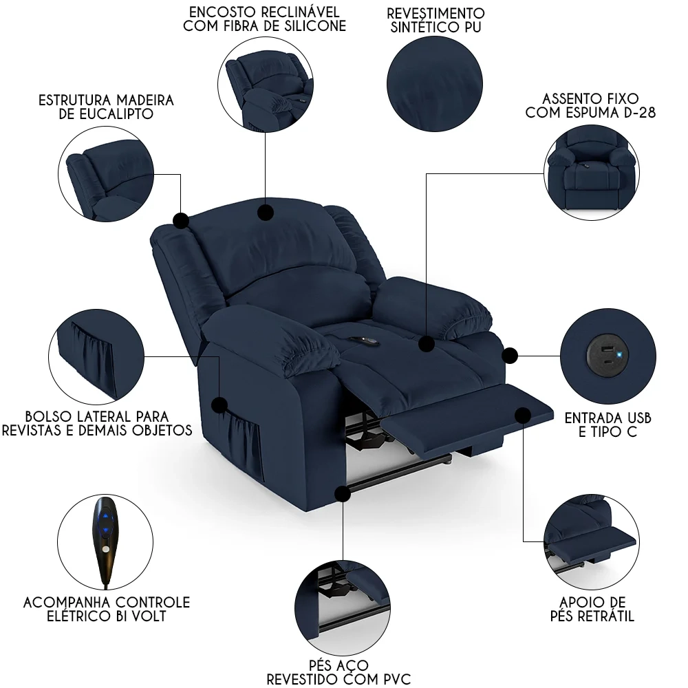 Poltrona do Papai Reclinável Pietra Controle Power Elétrico USB FH9 PU Azul - Mpozenato