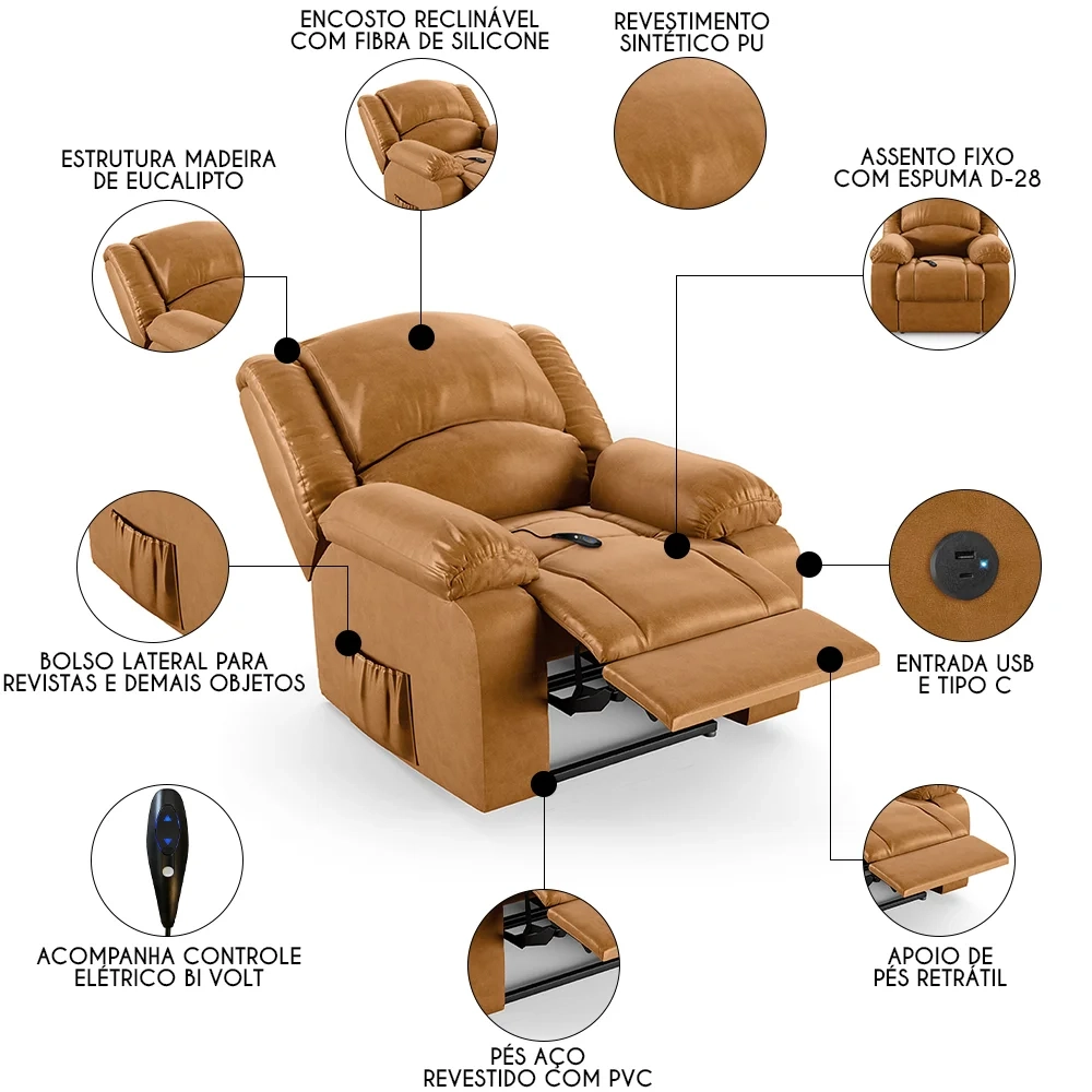 Poltrona do Papai Reclinável Pietra Controle Power Elétrico USB FH9 PU Whisky - Mpozenato