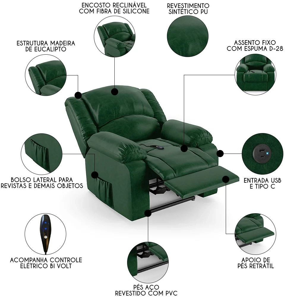 Poltrona do Papai Reclinável Pietra Controle Power Elétrico USB FH9 PU Verde Musgo - Mpozenato